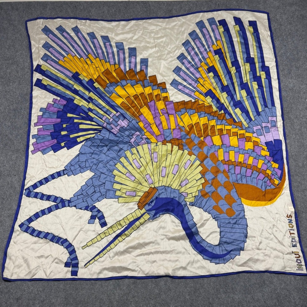 Inoui Editions Sagi Square Scarf Cream Blue Silk Modal Abstract Bird Graphic 36